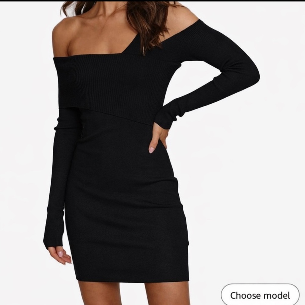 *Black* Ribbed Bodycon Dress with Long Sleeves and Cowl Neck for Cocktail